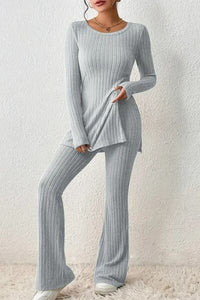 Hazel Blues® |  Ribbed Long Sleeve Slit Top and Bootcut Pants Set