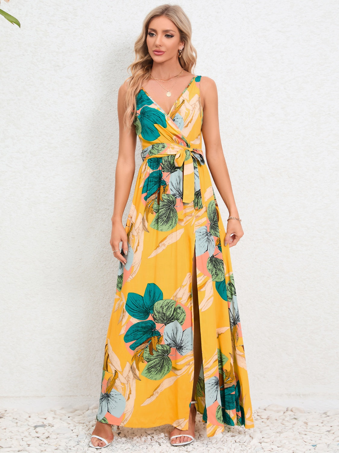 Hazel Blues® |  Slit Tied Printed Surplice Dress