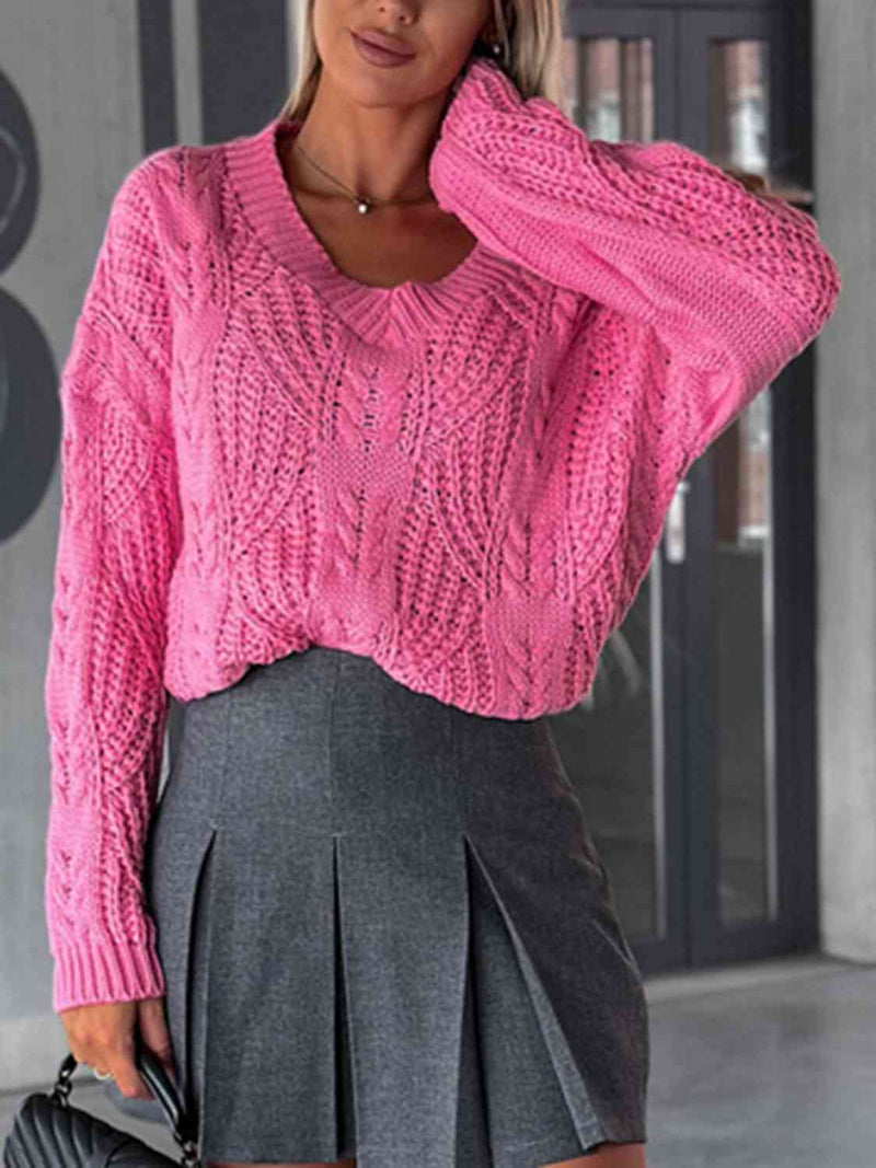 Hazel Blues® |  V-Neck Cable-Knit Long Sleeve Sweater