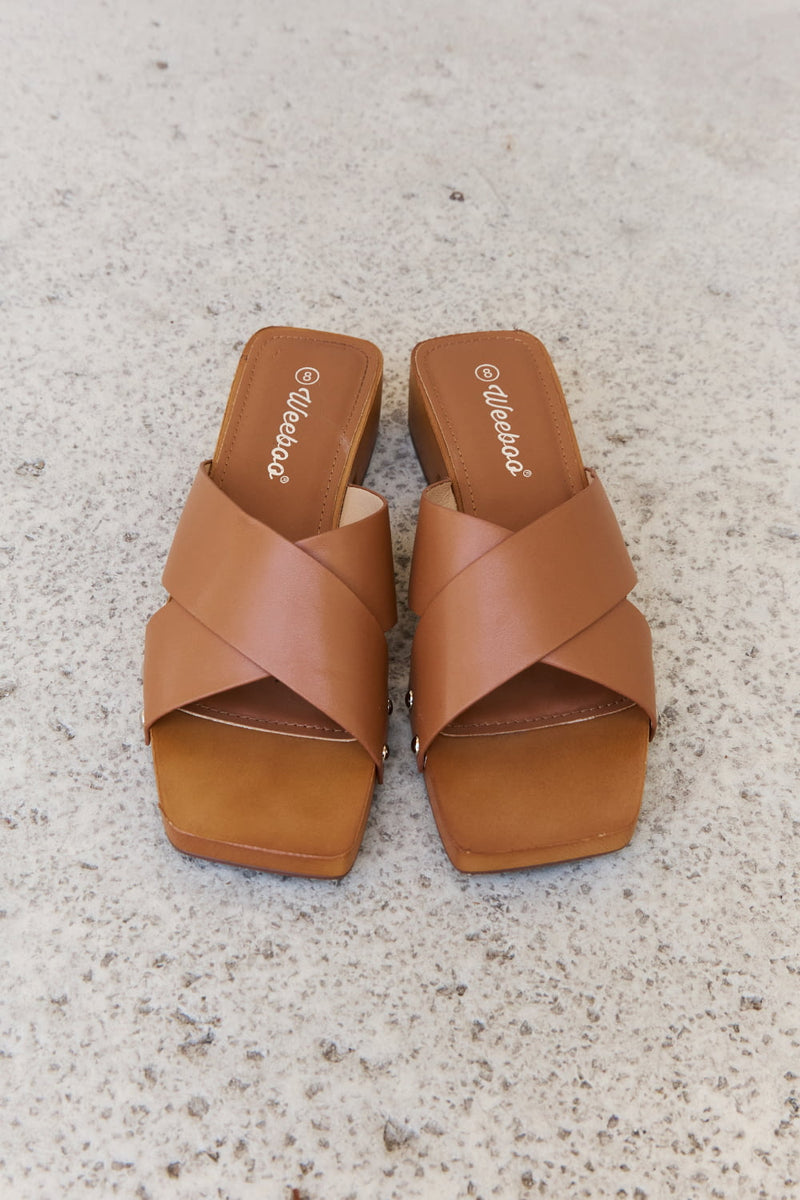 Hazel Blues® |  Weeboo Step Into Summer Criss Cross Wooden Clog Mule in Brown