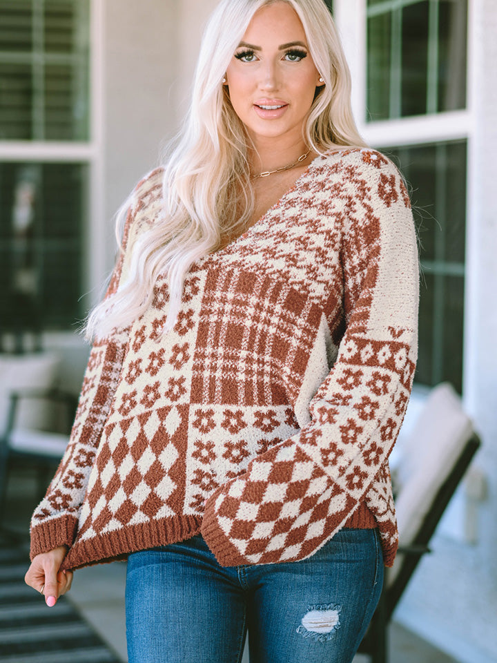 Hazel Blues® |  Printed V-Neck Long Sleeve Sweater