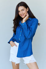 Hazel Blues® |  Doublju Blue Jean Baby Denim Button Down Shirt Top in Dark Blue