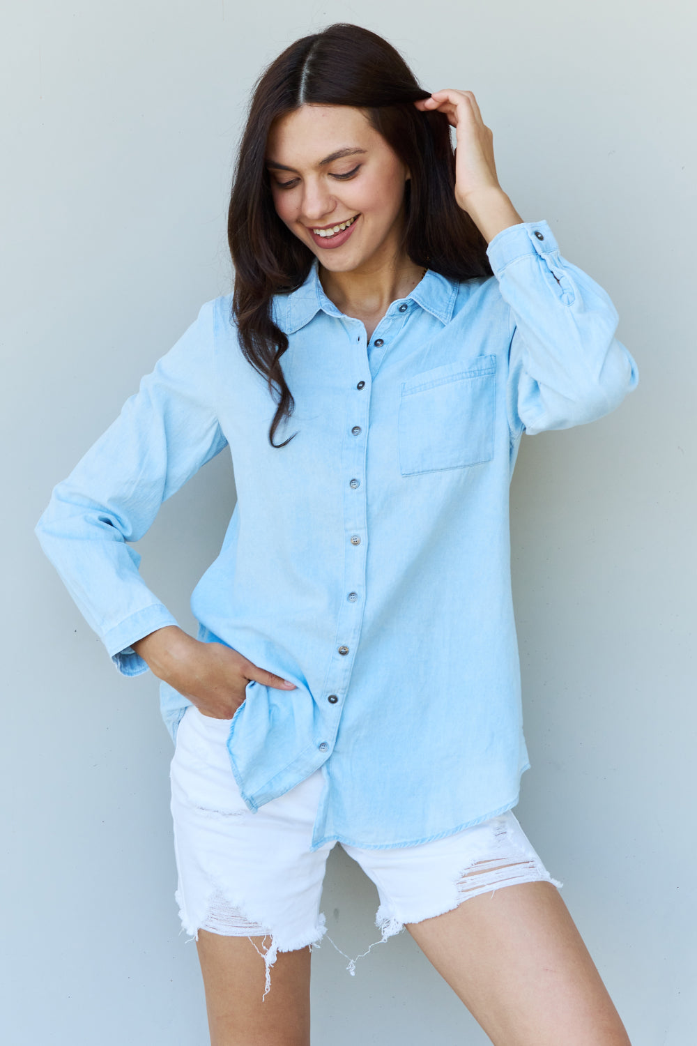 Hazel Blues® |  Doublju Blue Jean Baby Denim Button Down Shirt Top in Light Blue