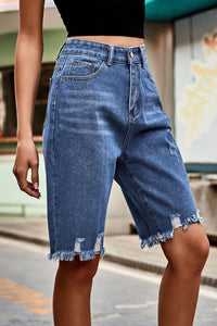 Hazel Blues® | Raw Hem High Waist Denim Shorts with Pockets - Hazel Blues®