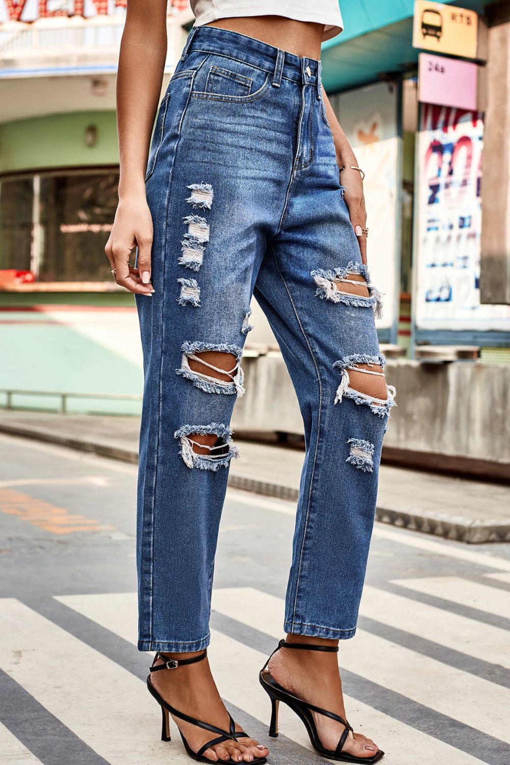 Hazel Blues® |  Distressed Buttoned Jeans with Pockets