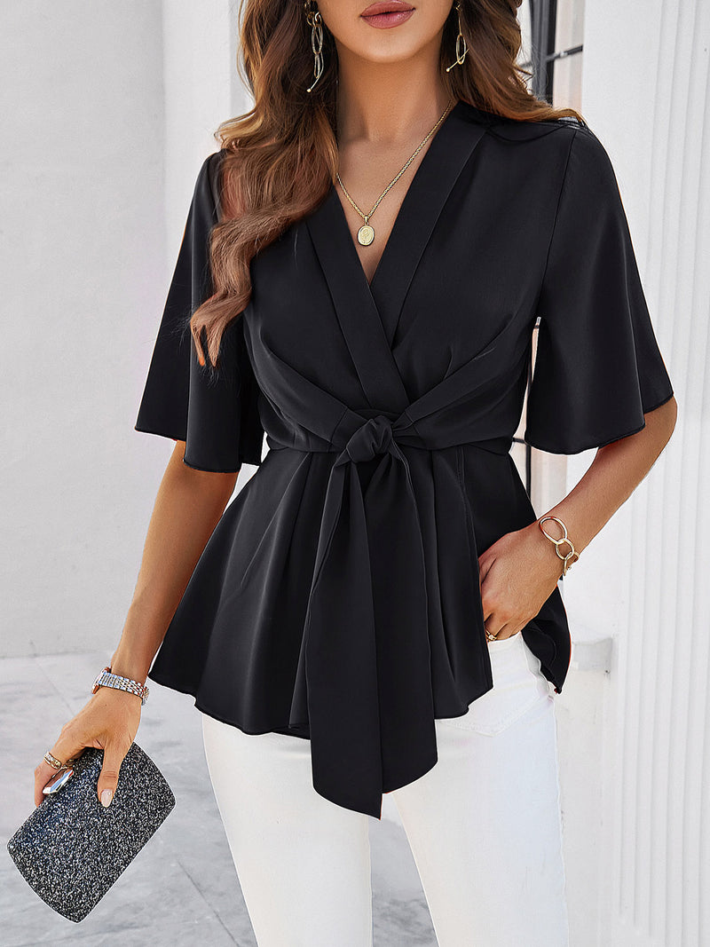 Hazel Blues® |  Surplice Tie Waist Half Sleeve Blouse