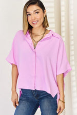 Hazel Blues® |  Zenana Texture Button Up Short Sleeve High-Low Shirt