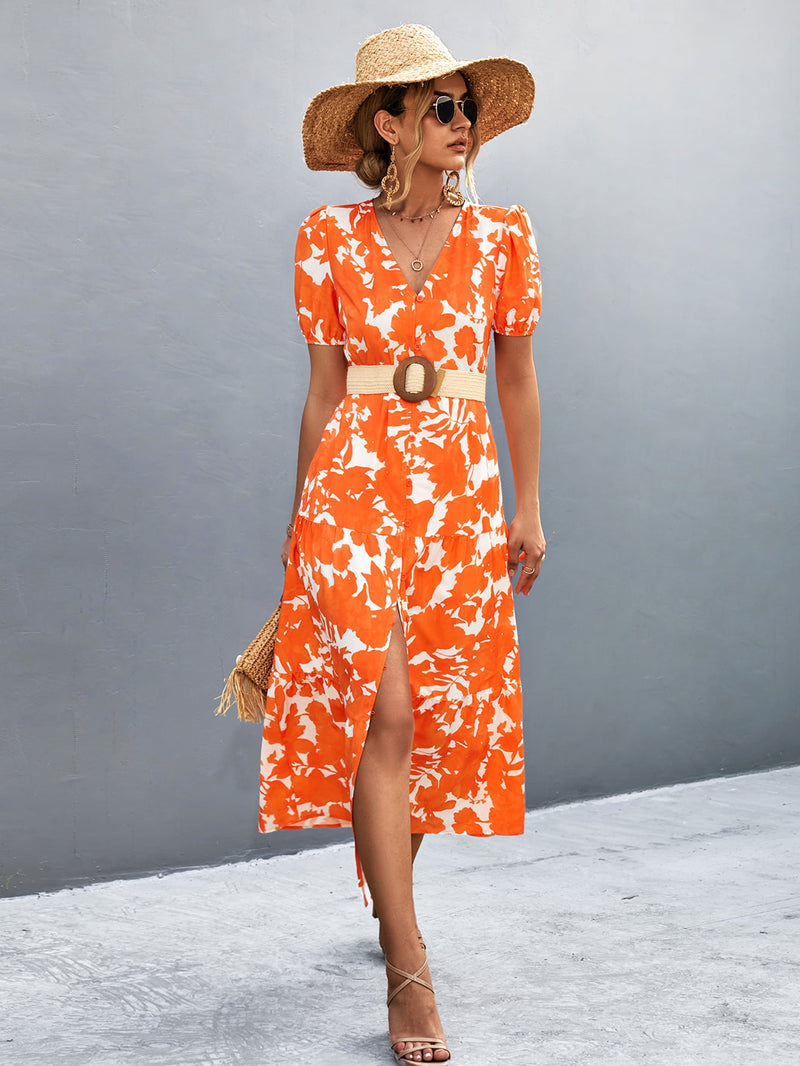 Hazel Blues | V-Neck Short Sleeve High Slit Midi Dress Hazel Blues | V-Neck Short Sleeve High Slit Midi Dress