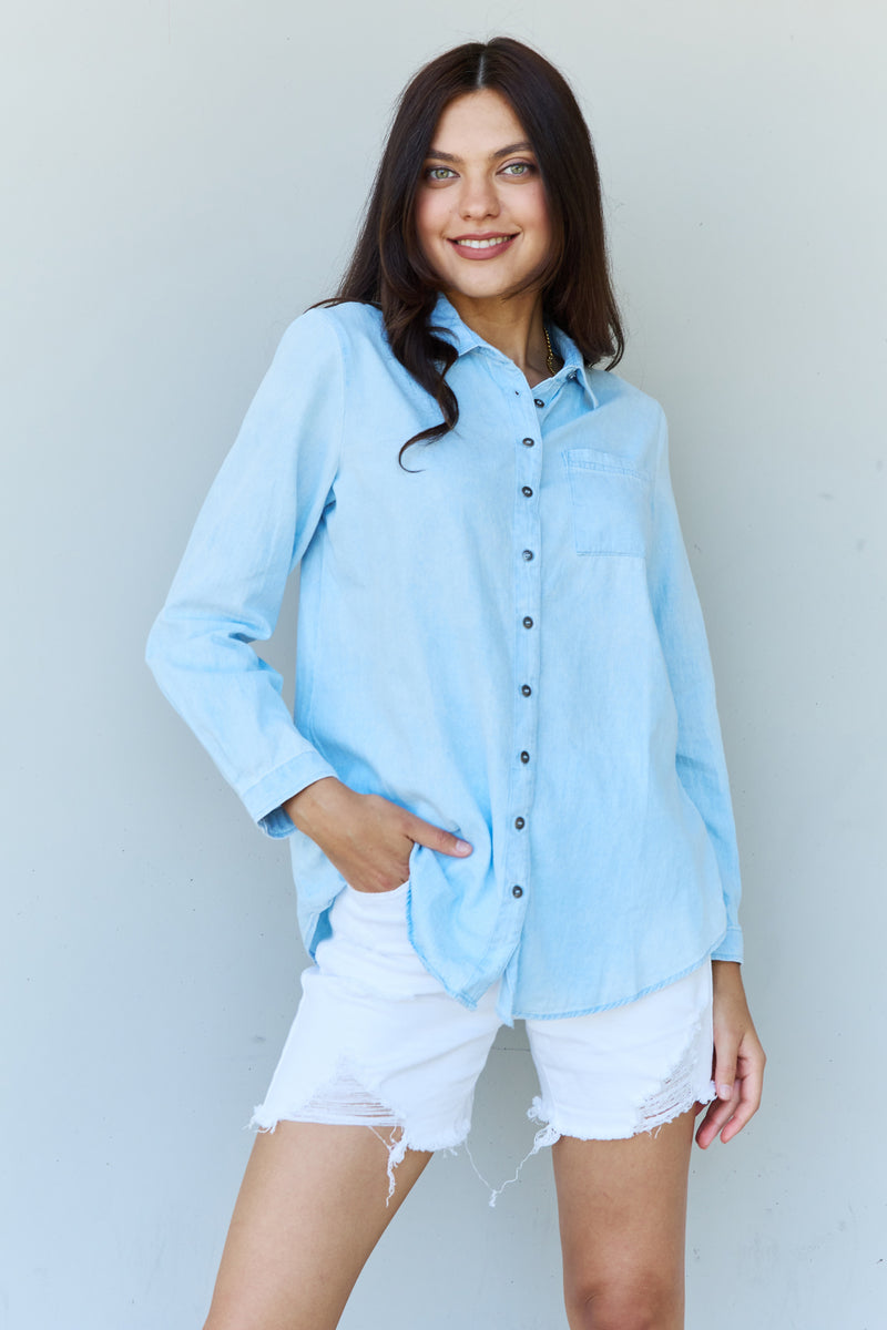 Hazel Blues® |  Doublju Blue Jean Baby Denim Button Down Shirt Top in Light Blue