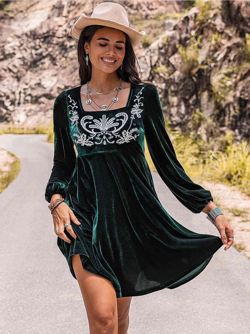 Hazel Blues® |  Embroidered Square Neck Long Sleeve Dress