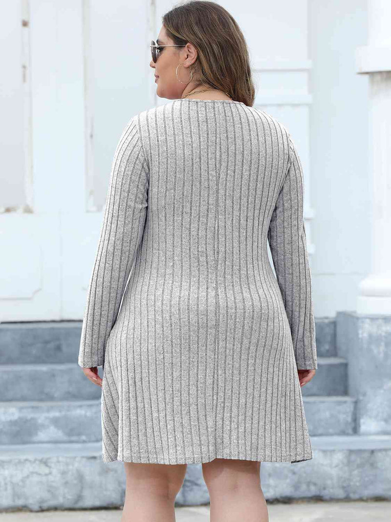 Hazel Blues® | Ribbed Buttoned V-Neck Long Sleeve Dress