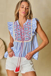 Hazel Blues® |  Embroidered Tassel Striped Tie Neck Blouse