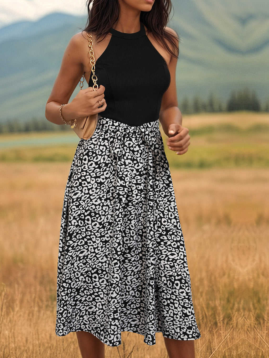 Hazel Blues® |  Leopard Halter Neck Midi Dress