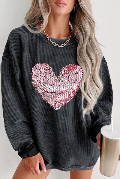 Hazel Blues® |  Heart Sequin Round Neck Sweatshirt