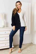 Hazel Blues® |  Woven Right Contrast Button-Front V-Neck Cardigan