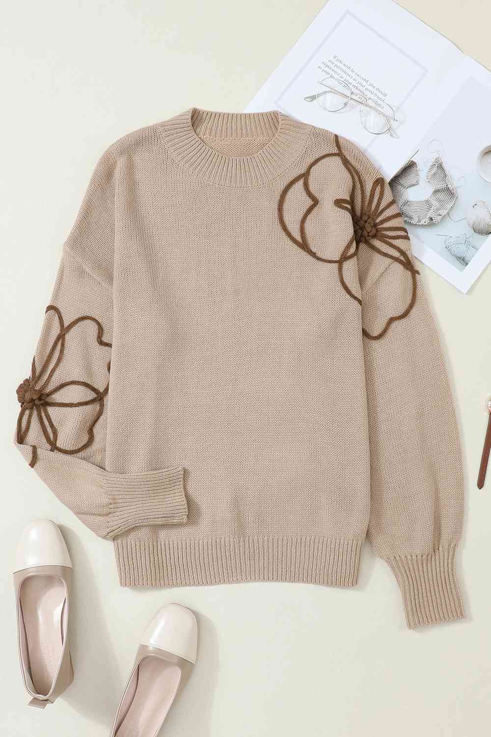 Hazel Blues® |  Floral Round Neck Drop Shoulder Sweater