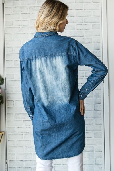 Hazel Blues® |  Veveret Pocketed Button Up Washed Denim Shirt