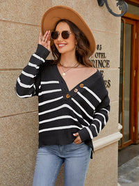 Hazel Blues® |  V-Neck Striped Dropped Shoulder Sweater