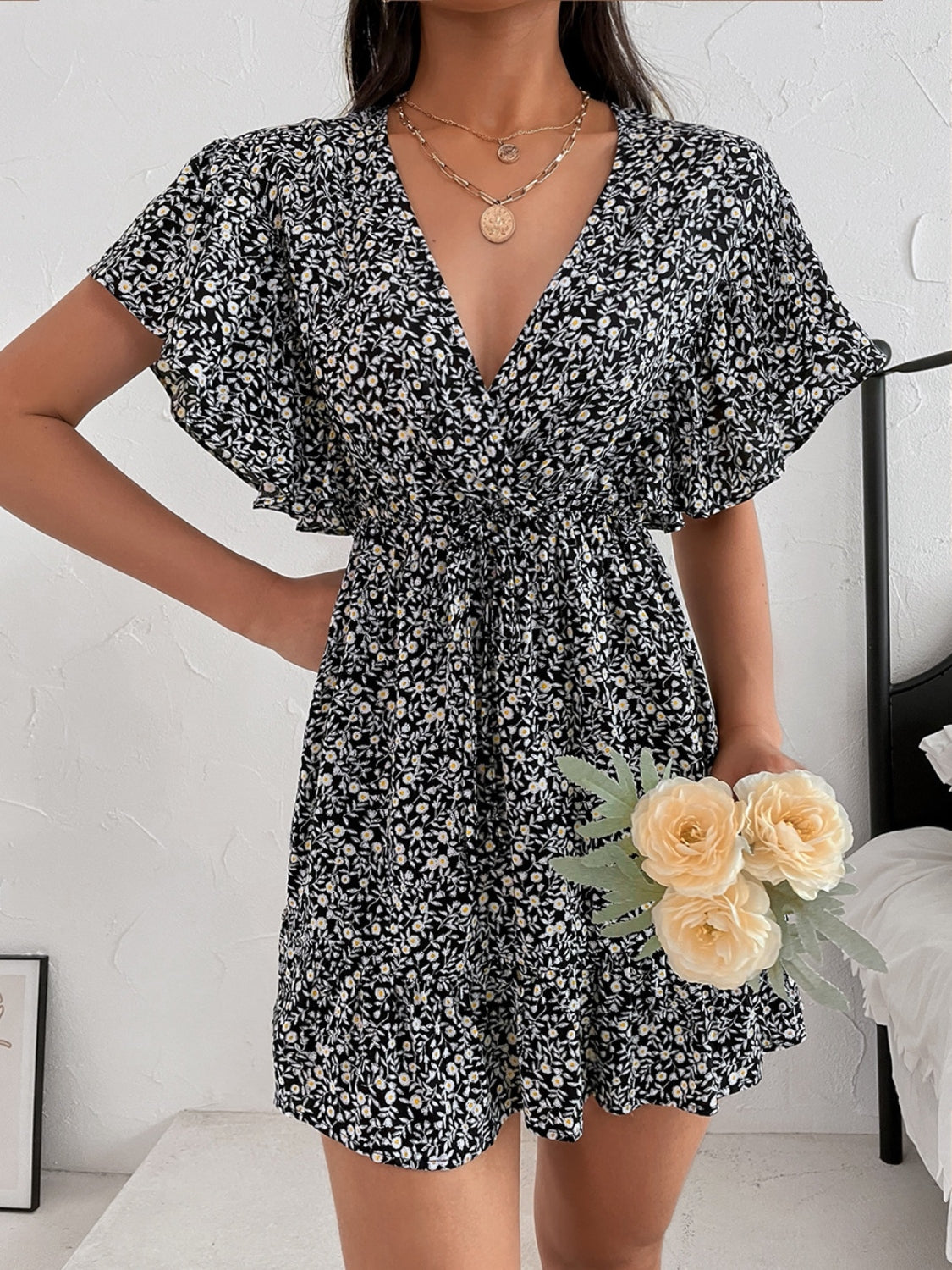 Hazel Blues® |  Cutout Ditsy Floral Surplice Flounce Sleeve Dress