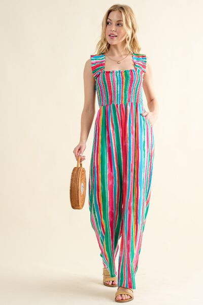 Hazel Blues® |  And The Why Striped Smocked Sleeveless Jumpsuit