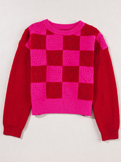 Hazel Blues® |  Plaid Heart Round Neck Sweater