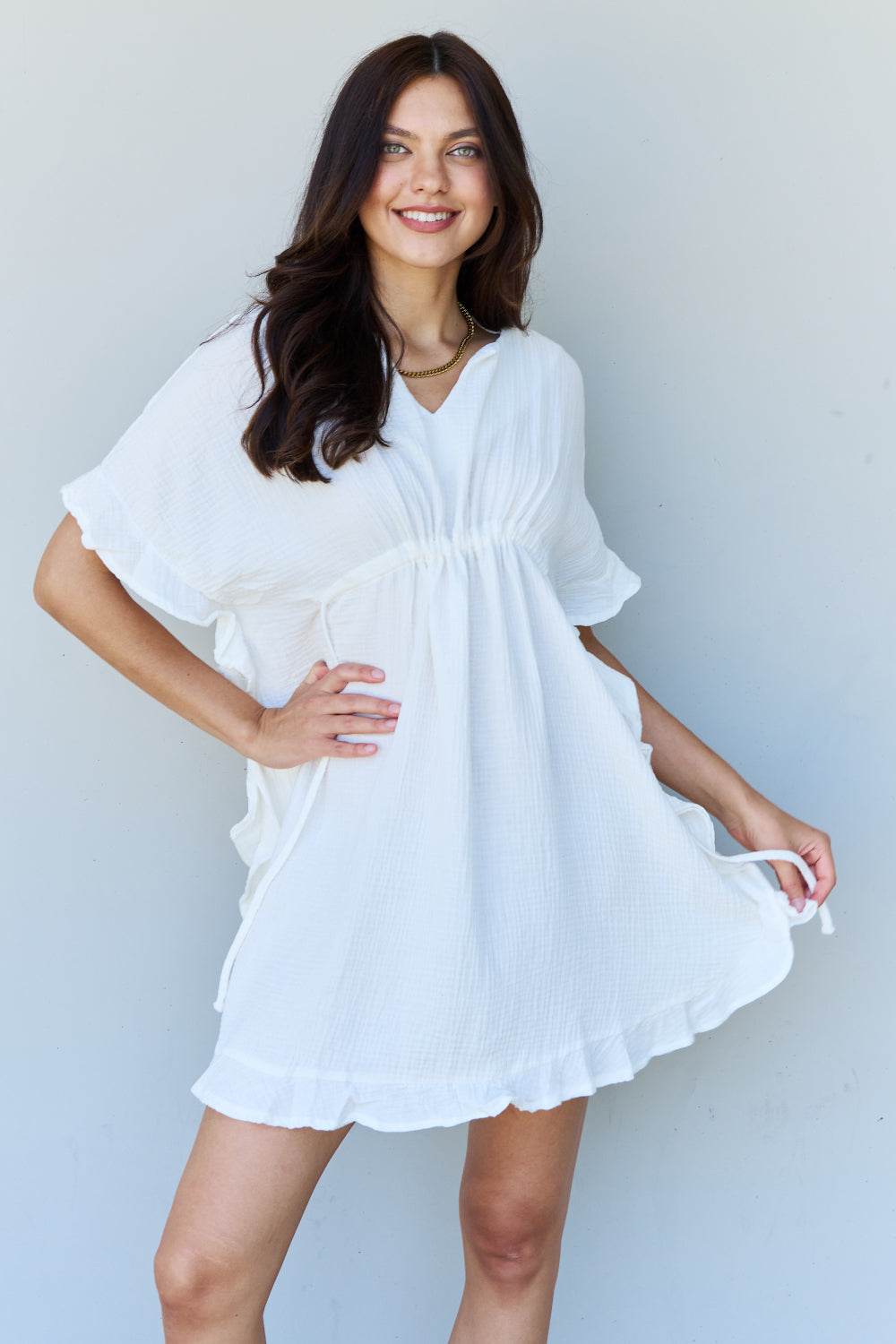 Hazel Blues® |  Ninexis Out Of Time Ruffle Hem Dress with Drawstring Waistband in White