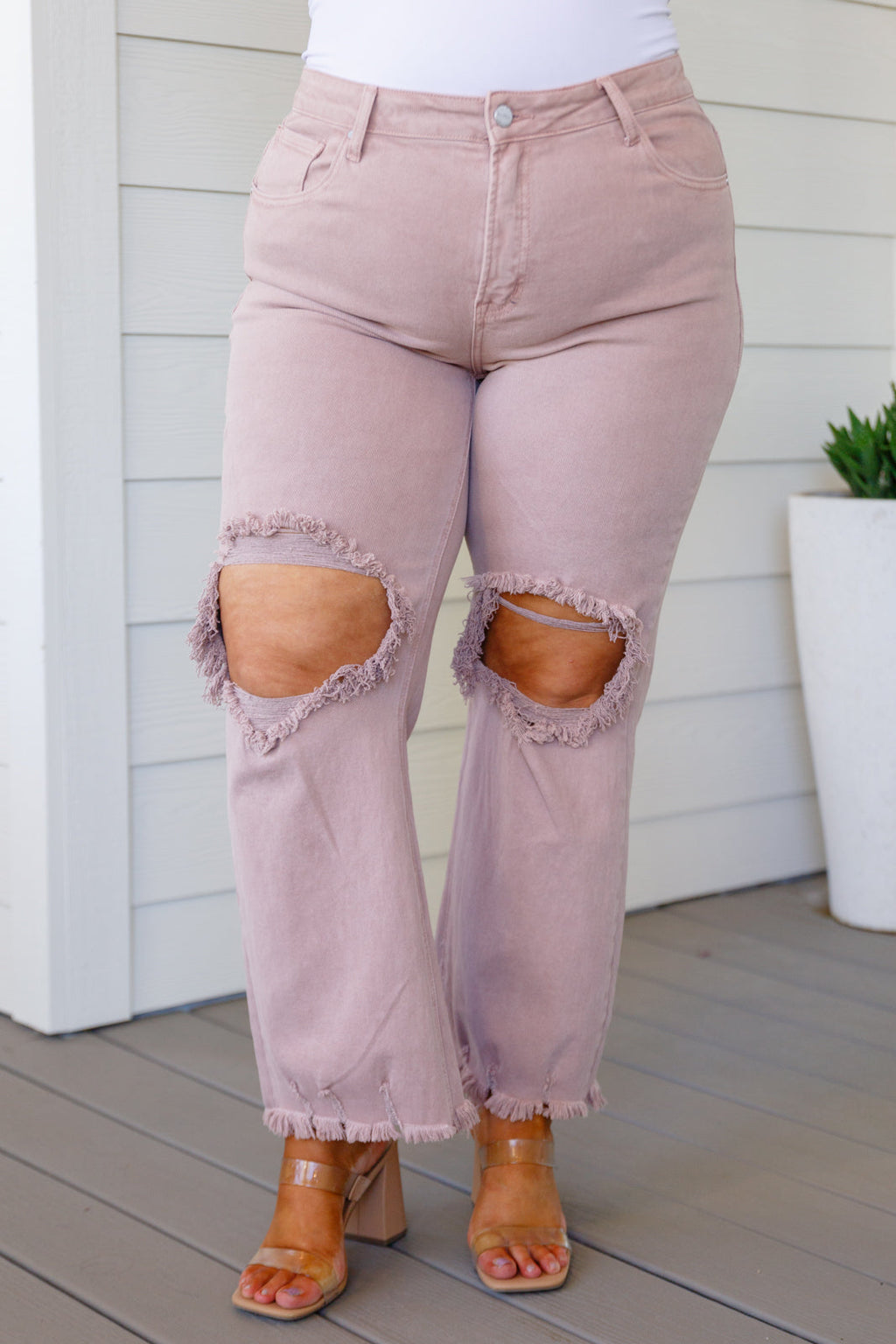 Hazel Blues® |  Babs High Rise Distressed Straight Jeans in Mauve