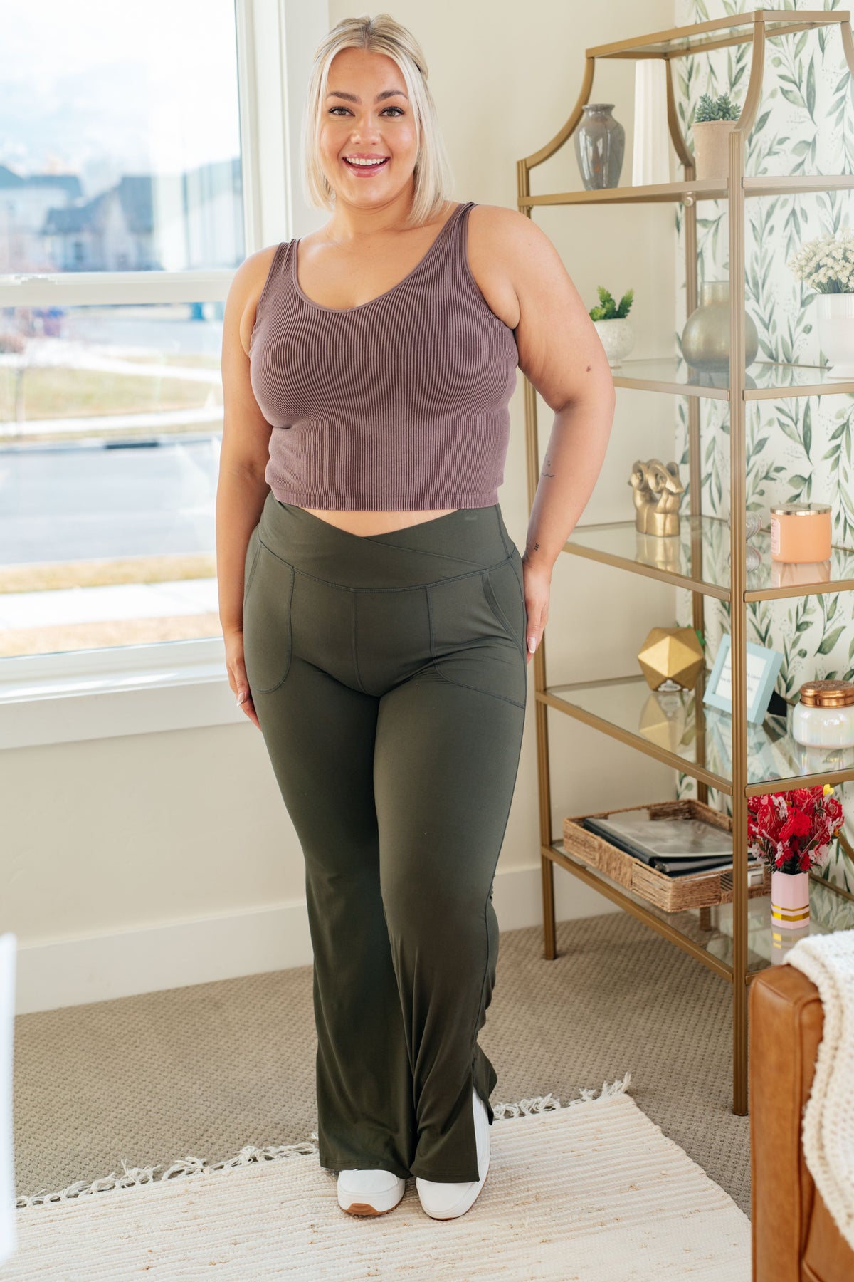 Hazel Blues® |  On the Move V Front Flare Leggings in Olive