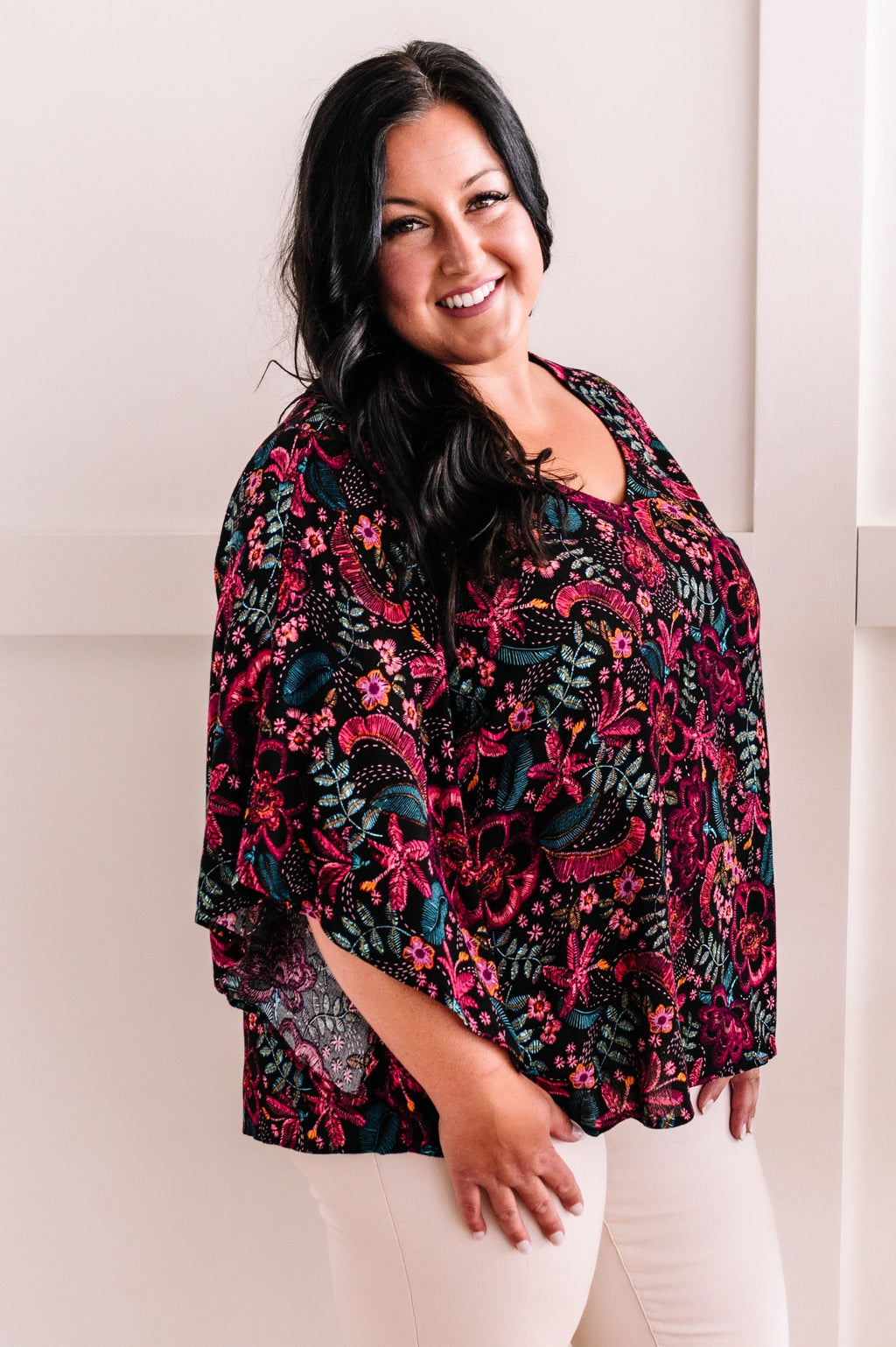 Hazel Blues® |  Angled Sleeve Blouse In Black Multicolored Floral Sketch