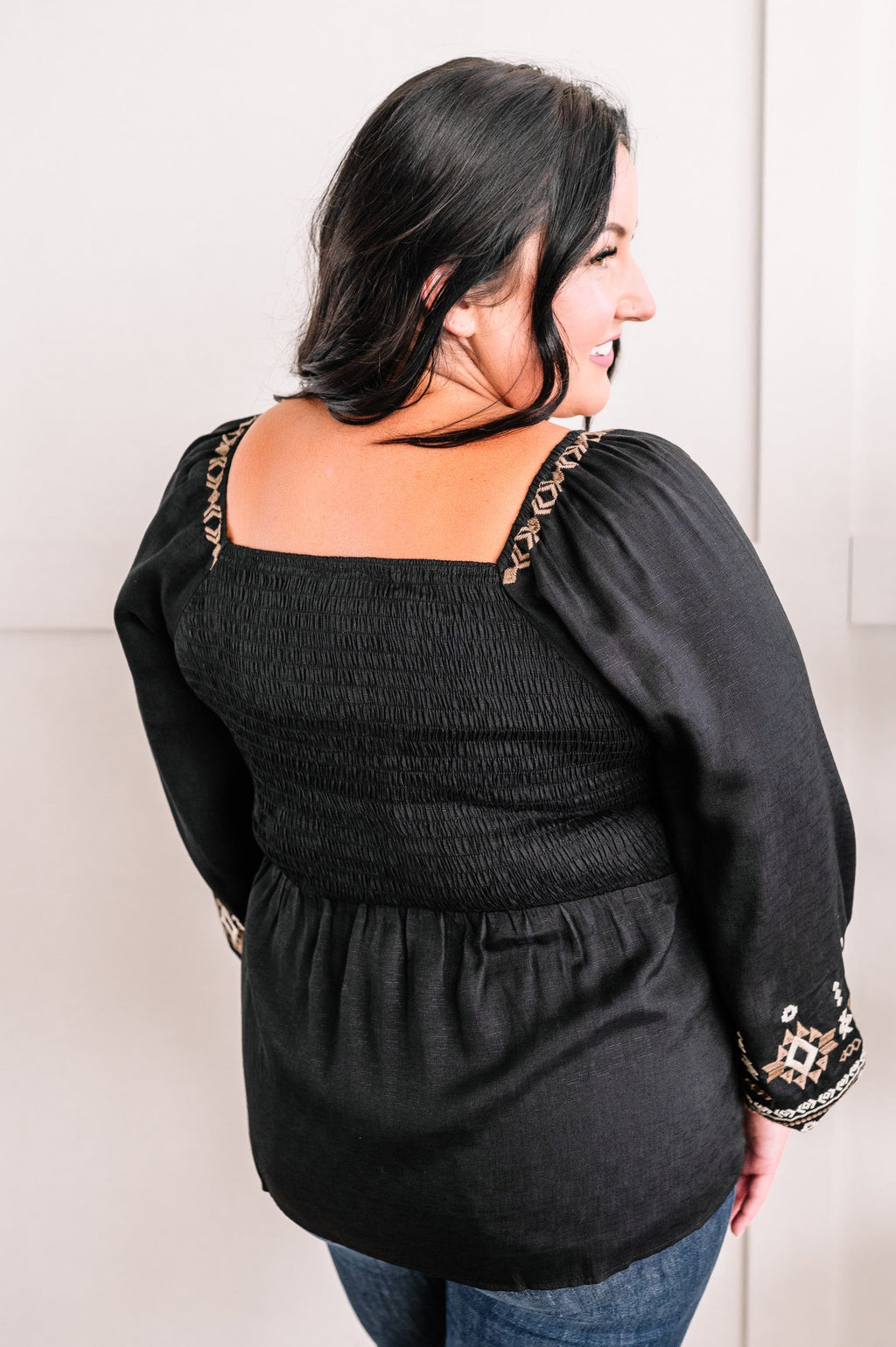 Hazel Blues® |  Savanna Jane Embroidered Sweetheart Top In Taupe & Black