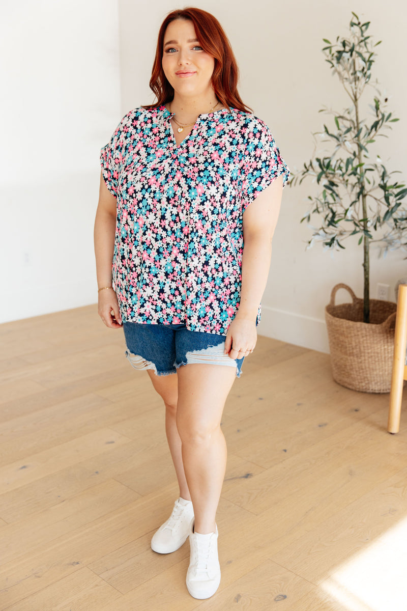 Hazel Blues® |  Lizzy Cap Sleeve Top in Navy and Hot Pink Floral