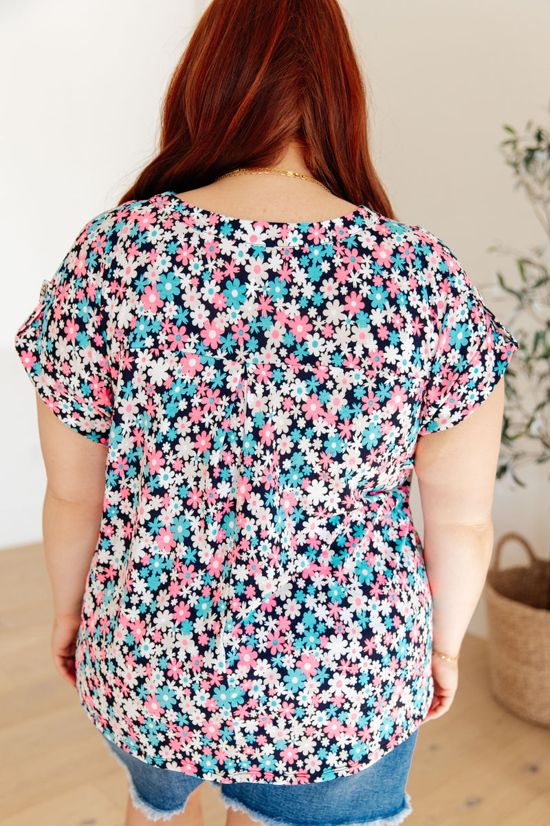 Hazel Blues® |  Lizzy Cap Sleeve Top in Navy and Hot Pink Floral