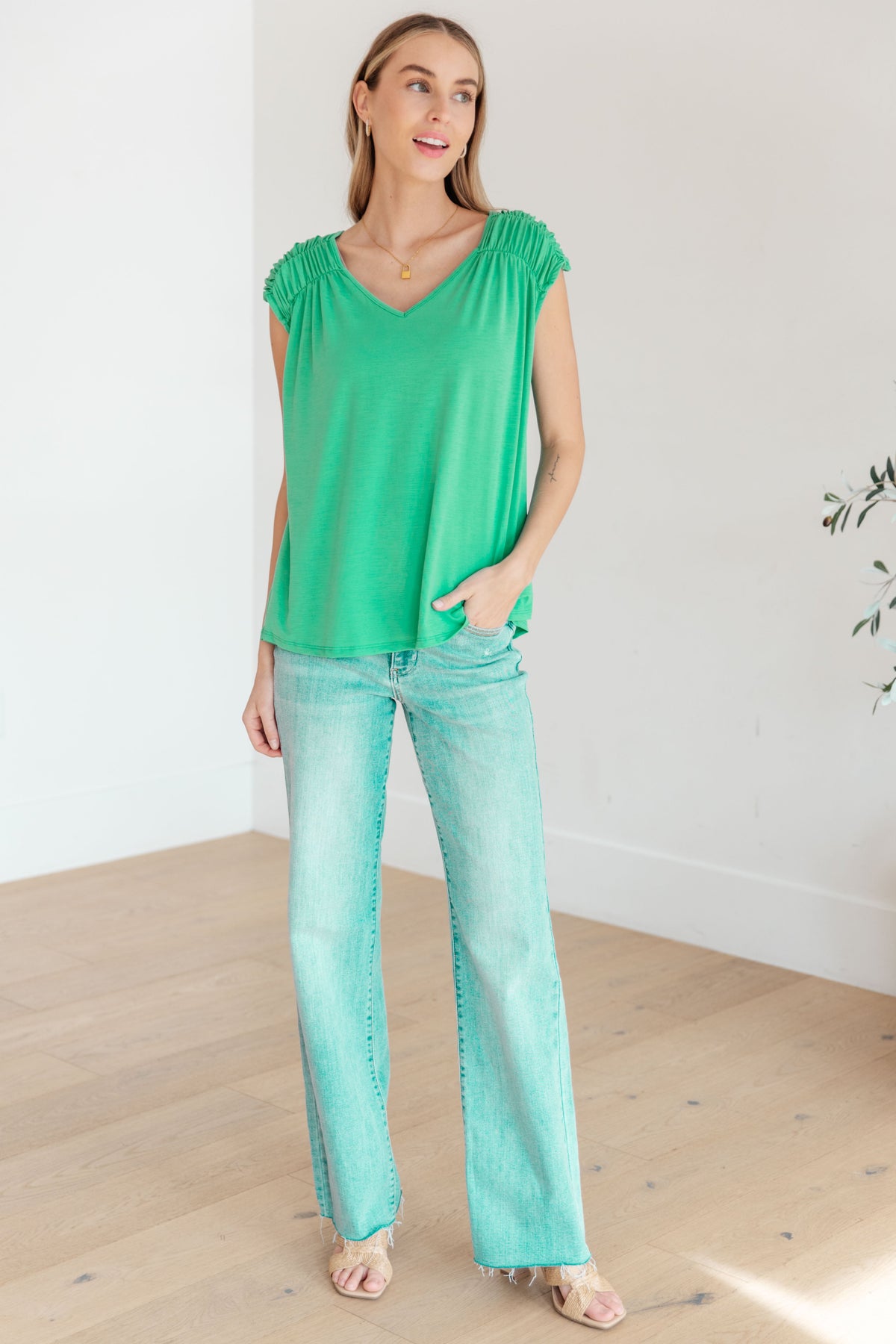 Hazel Blues® |  Ruched Cap Sleeve Top in Emerald