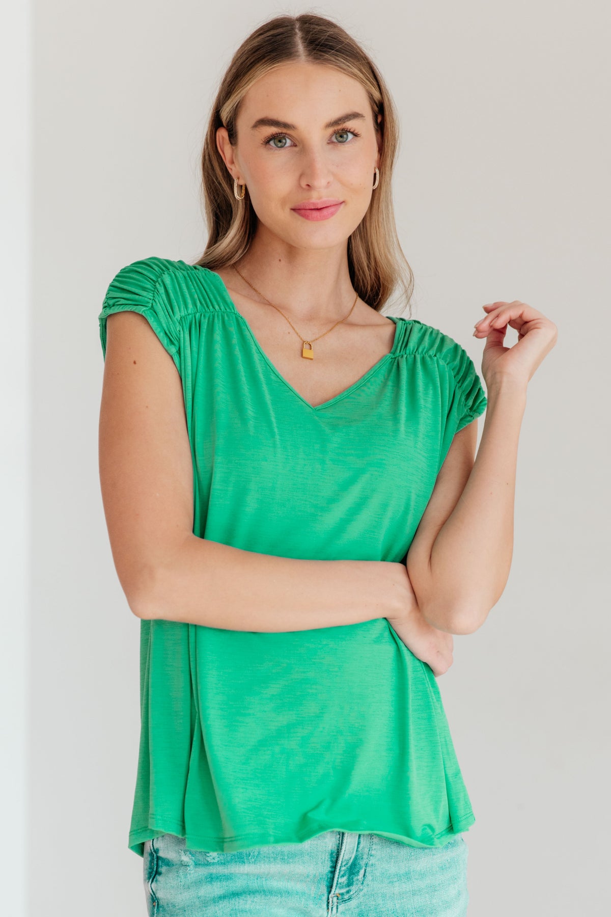 Hazel Blues® |  Ruched Cap Sleeve Top in Emerald