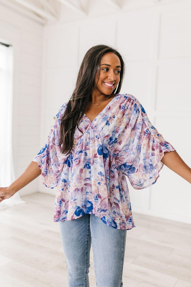 Hazel Blues® | Fabled in Floral Draped Peplum Top in Blue - Hazel Blues®