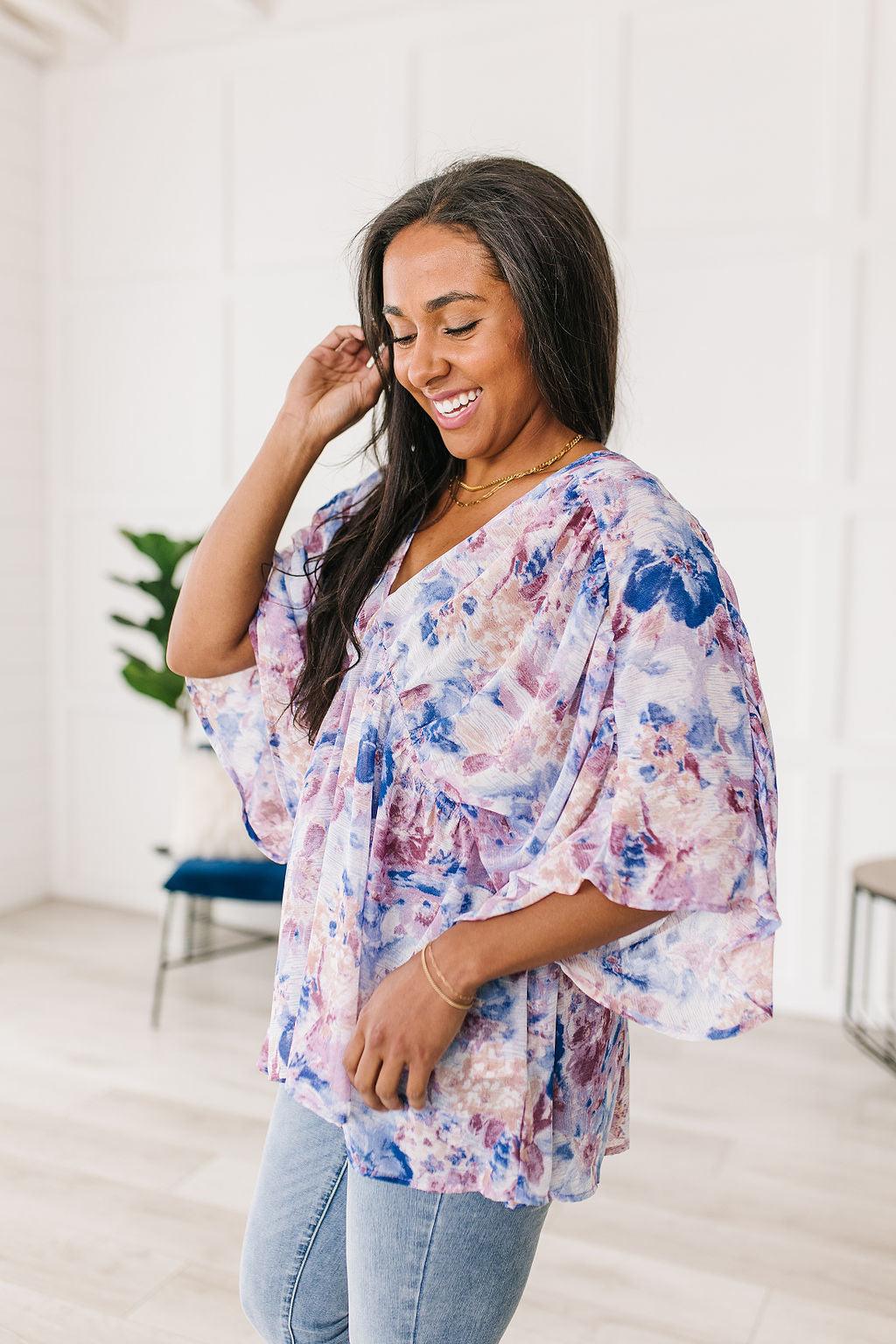 Hazel Blues® | Fabled in Floral Draped Peplum Top in Blue - Hazel Blues®