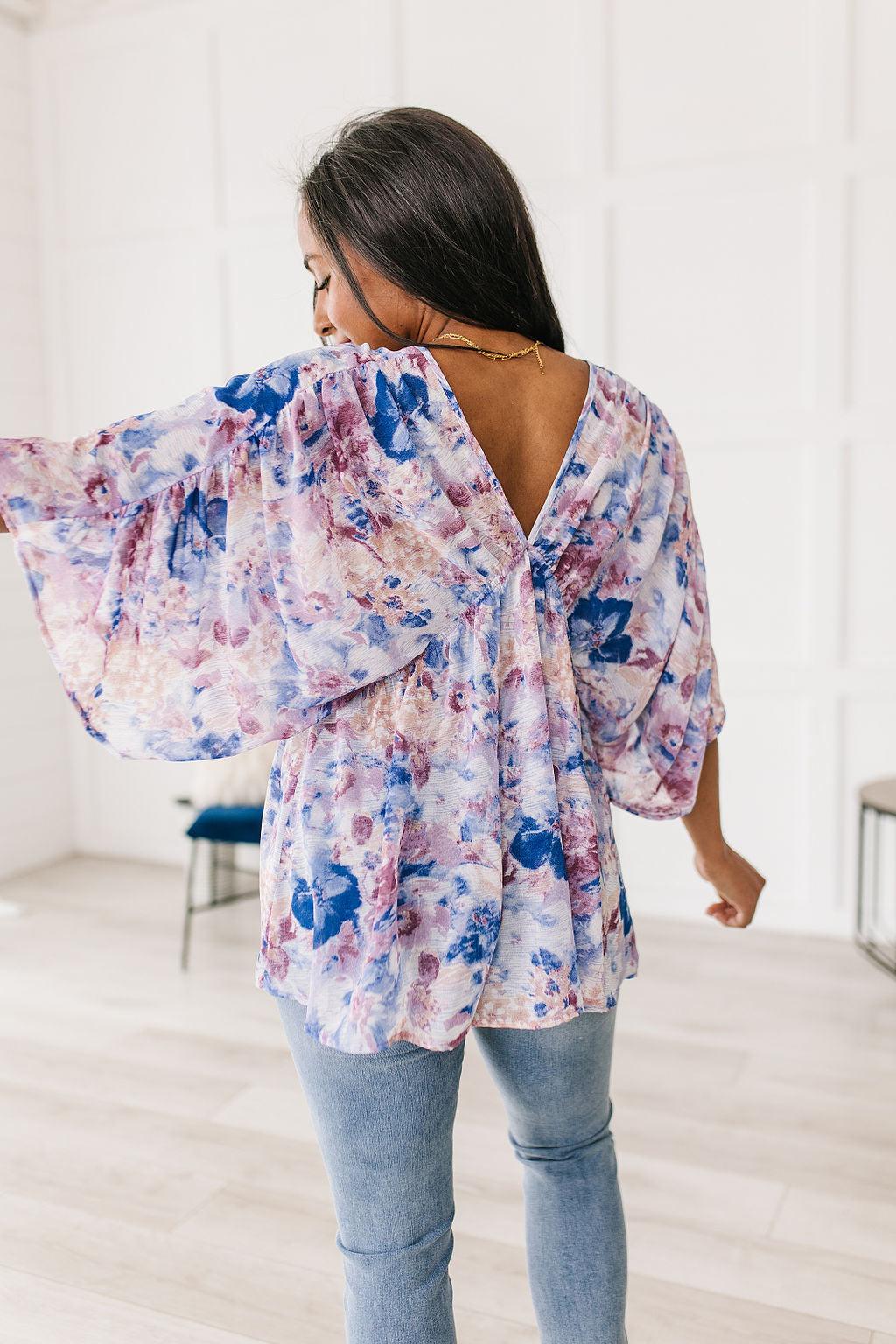 Hazel Blues® | Fabled in Floral Draped Peplum Top in Blue - Hazel Blues®