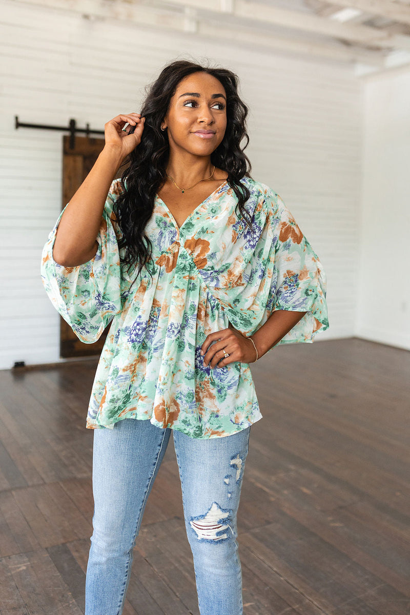 Hazel Blues® |  Fabled in Floral Draped Peplum Top in Ivory