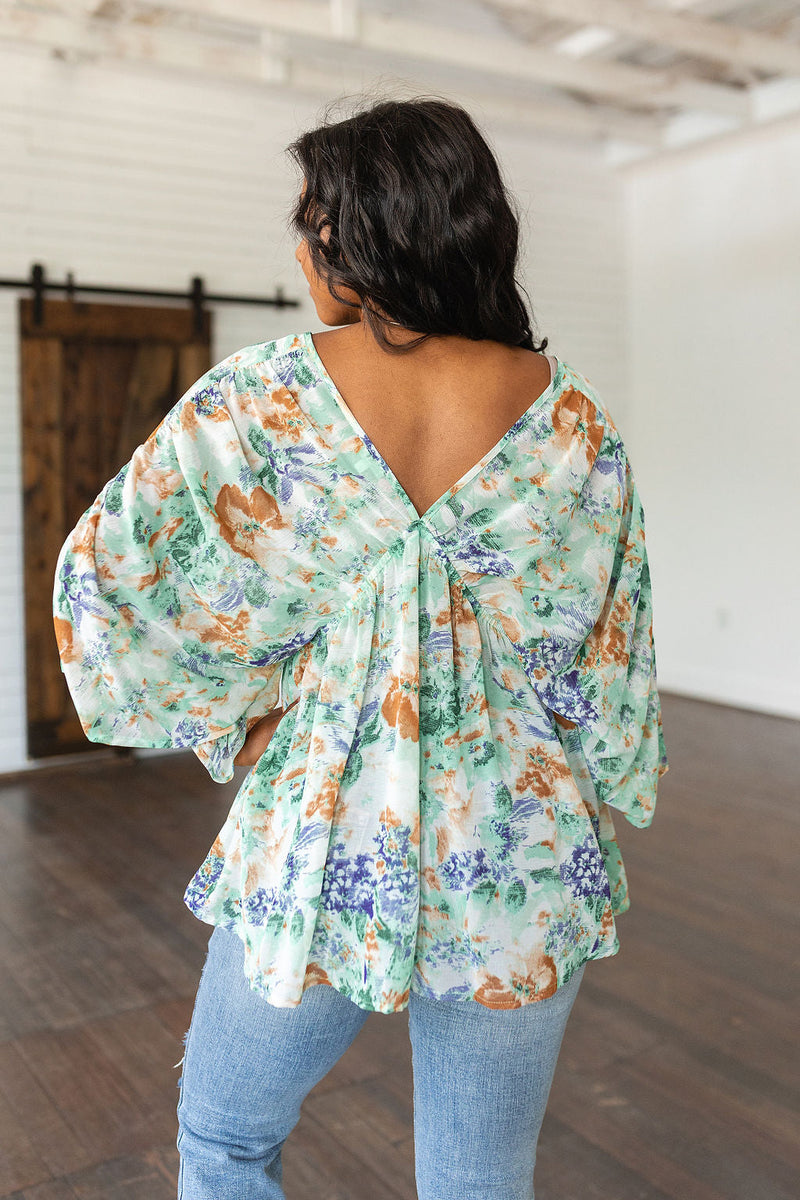 Hazel Blues® |  Fabled in Floral Draped Peplum Top in Ivory