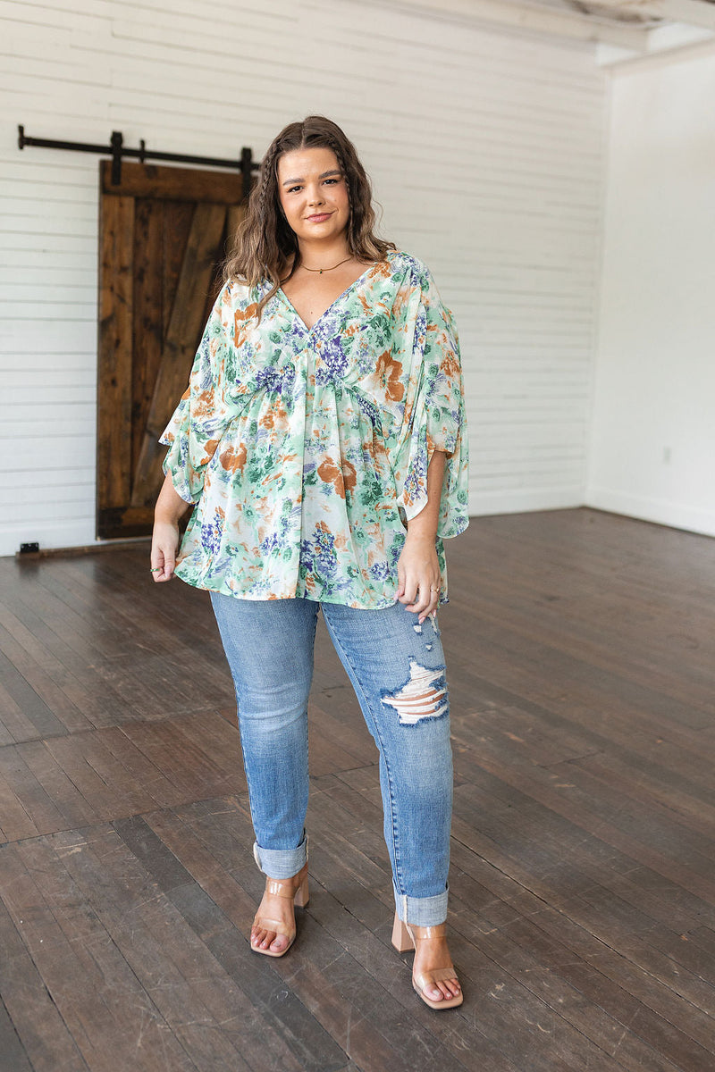 Hazel Blues® |  Fabled in Floral Draped Peplum Top in Ivory