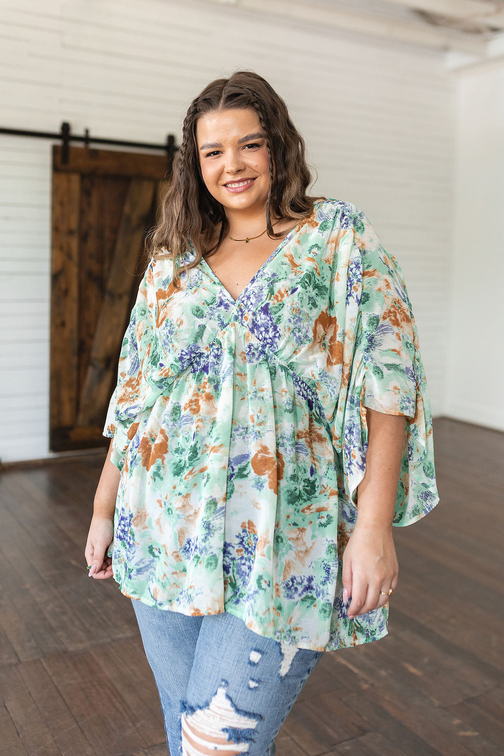 Hazel Blues® |  Fabled in Floral Draped Peplum Top in Ivory