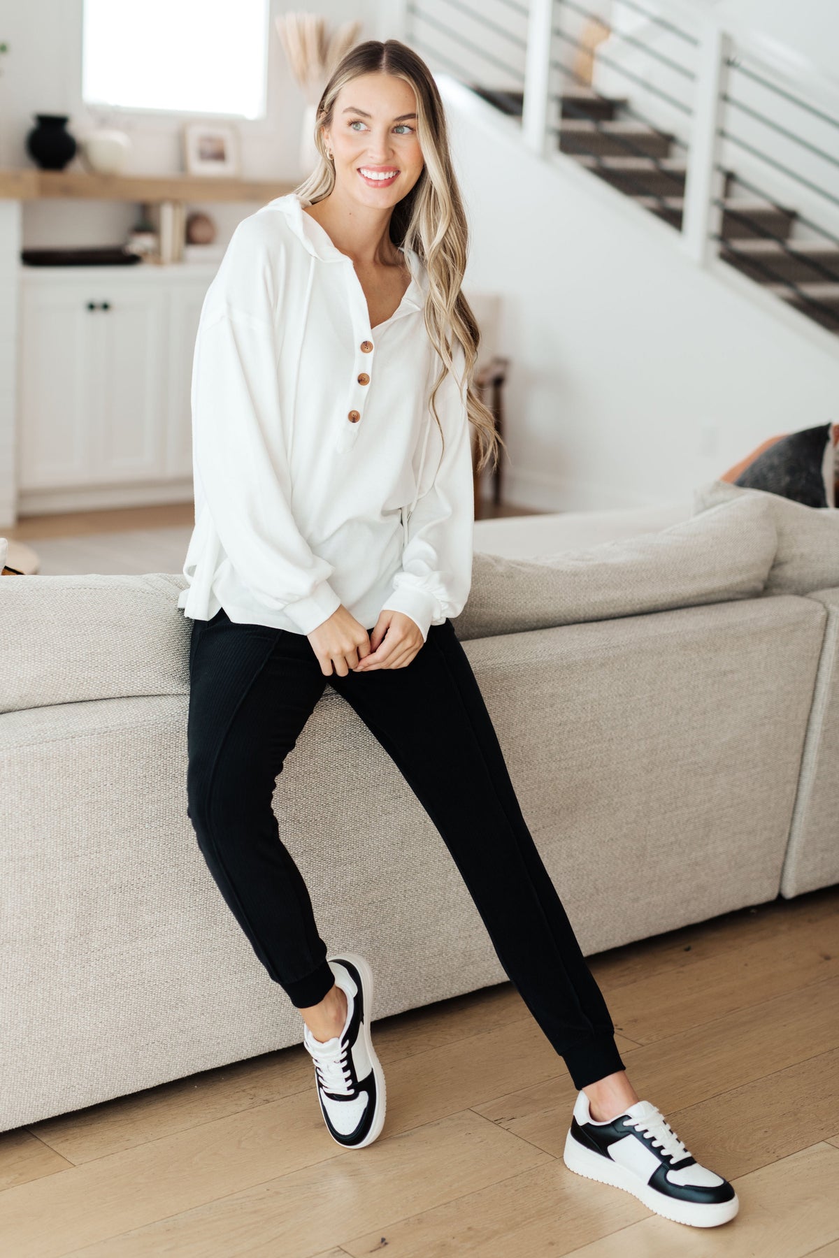 Hazel Blues® |  Happier Now Henley Hoodie in Ivory