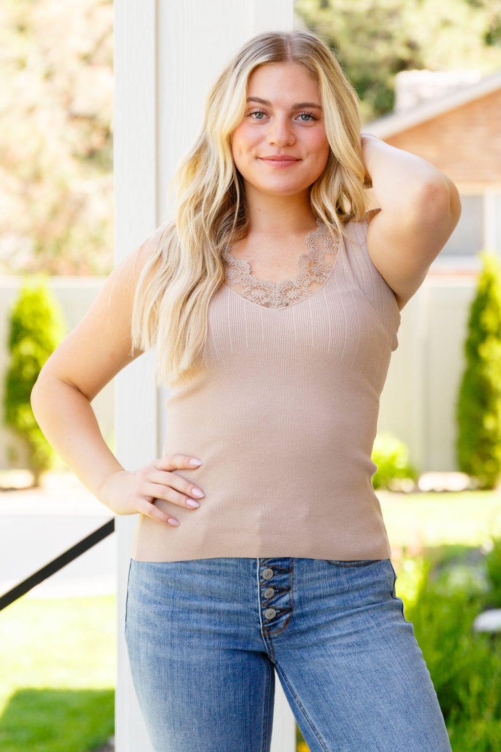 Hazel Blues® |  I Can Love You Better Lace Tank in Taupe