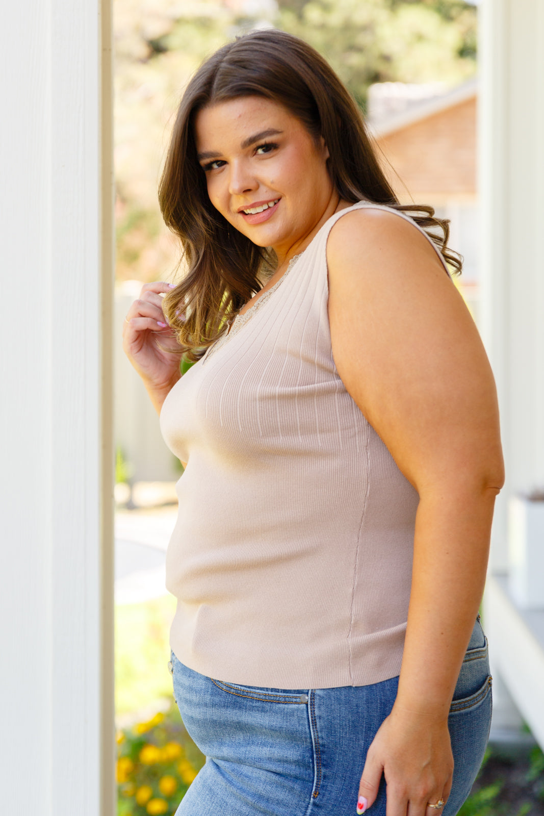 Hazel Blues® |  I Can Love You Better Lace Tank in Taupe