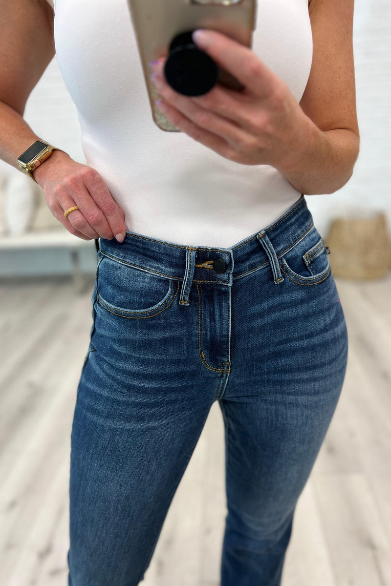 Hazel Blues® | Josephine Mid Rise Raw Hem Bootcut Jeans - Hazel Blues®