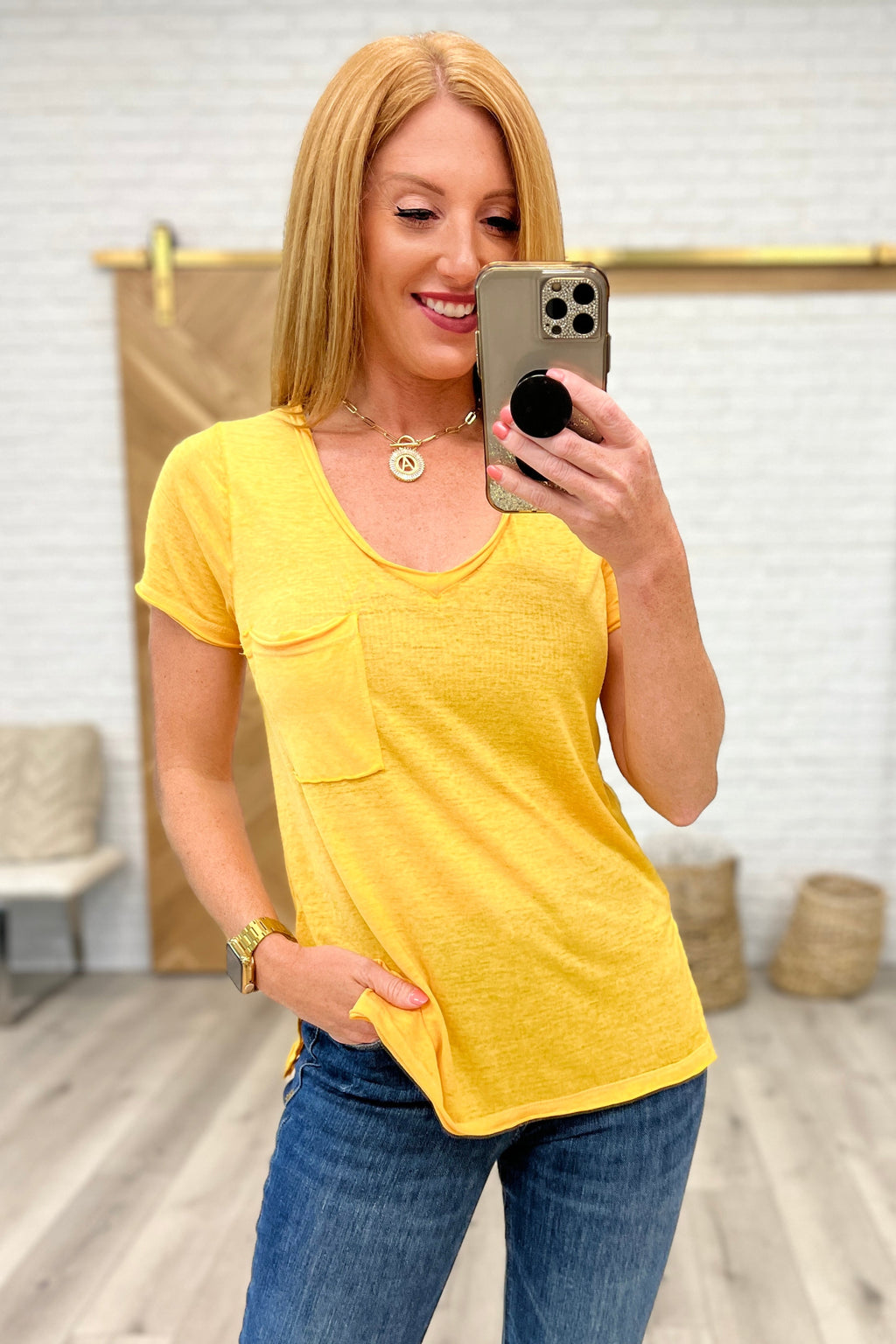 Hazel Blues® |  Melange Burnout V-Neck T-Shirt in Yellow Gold