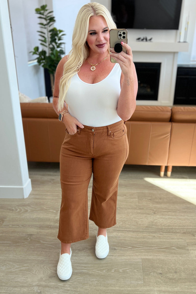 Hazel Blues® |  Briar High Rise Control Top Wide Leg Crop Jeans in Camel