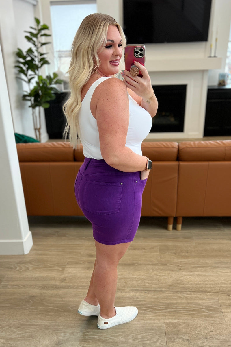 Hazel Blues® |  Jenna High Rise Control Top Cuffed Shorts in Purple