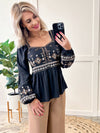 Hazel Blues® |  Savanna Jane Embroidered Sweetheart Top In Taupe & Black