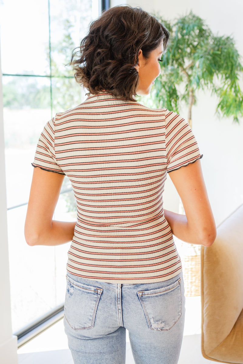 Hazel Blues® |  Nostalgic Note Striped Mock Neck Top